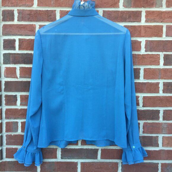 Sheer Feminine Blouse Teal Blue Medium Romantic Regal Ruffle - Picture 6 of 16